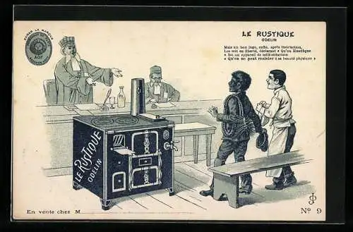 AK Le Rustique Odelin, Richter preist Ofen an, Schornsteinfeger & Koch in voller Vorfreude