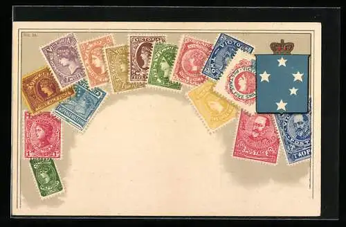 AK Australien, Britische Briefmarken, Wappen mit Krone