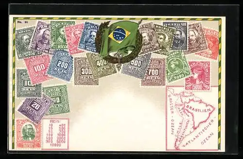 AK Briefmarken Brasilien, Landkarte Südamerika, Lorbeerkranz & Nationalfahne Brasilien