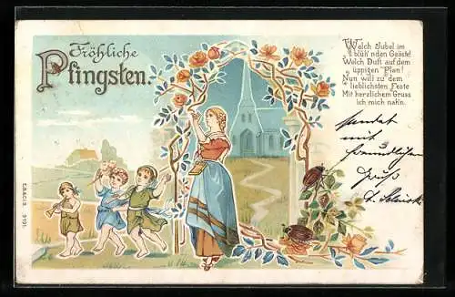 Lithographie Pfingstgruss mit musizierenden Kindern und Maikäfern
