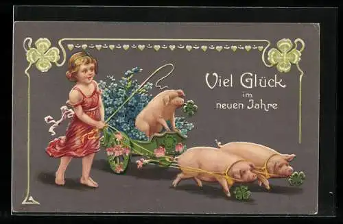 Präge-AK Schweine ziehen einen blumengeschmückten Karren, Neujahrsgruss mit Glücksklee