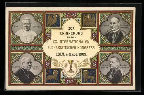 AK Köln, XX. Internationaler Eucharistischer Kongress 1909, Papst Pius X., Kardinäle Vannutelli und Fischer