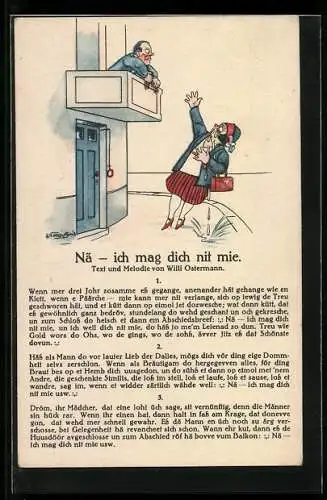 AK Frau steht weinend unterm Balkon ihres Mannes, Liedtext Nä - ich mag dich nit mie., frauenfeindlicher Humor