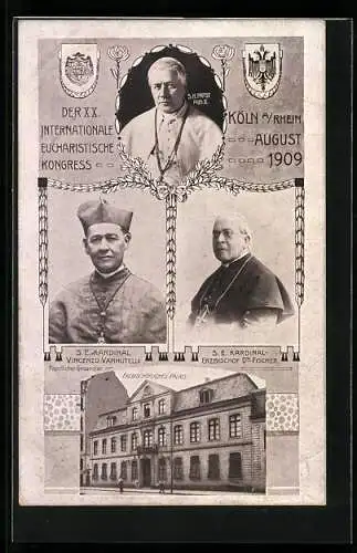 AK Köln a. Rh., XX. Intern. Eucharistischer Congress 1909, Papst Pius X., Kardinäle Vannutelli und Fischer