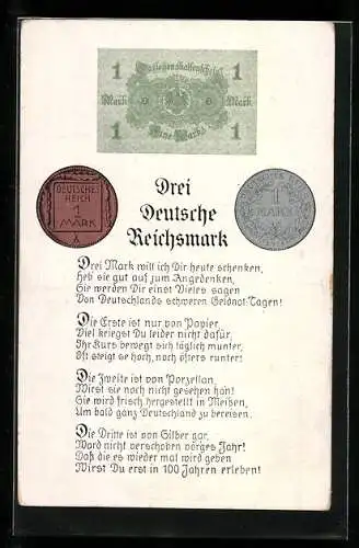 AK Drei Deutsche Reichsmark, Darlehenskassenschein, Böttger Porzellan Münze, Silbermünze von 1914