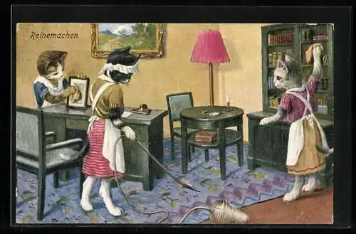 AK Drei vermenschlichte Katzen putzen ein Büro