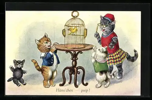 AK Drei vermenschlichte Katzen an einem Vogelkäfig