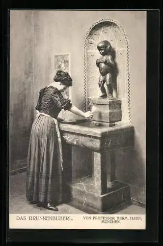 AK Frau füllt ihr Glas am Brunnenbuberl
