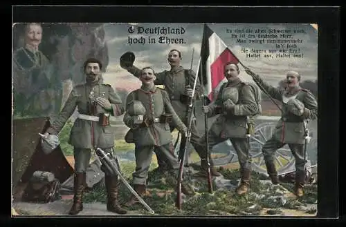 AK Deutsche Soldaten in Uniform mit der Reichsflagge an einem Zelt