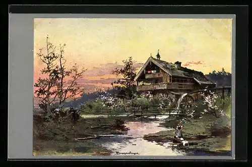 Künstler-Lithographie Theodor Guggenberger: Idyll mit Wassermühle