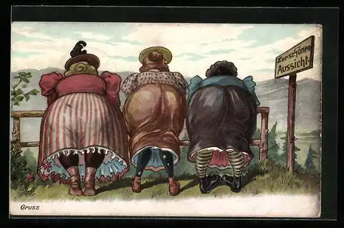 Künstler-AK Korpulente Damen von hinten, Übergewicht