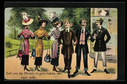 AK Dass uns die Mädels so gern haben, wer kann dafür, Drei eitle Kavaliere und drei Damen