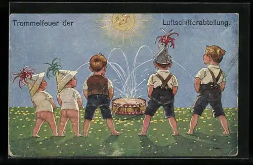 AK Trommelfeuer der Luftschifferabteilung, Kinder urinieren auf eine Trommel, Toilettenhumor