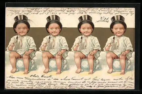 AK Humoristisches Quartett, Bube mit Milchflasche auf Töpfchen sitzend