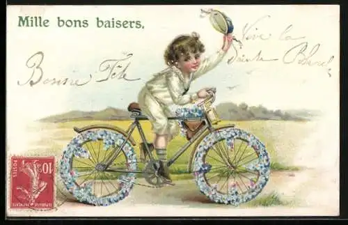 Lithographie Blumenbild, Kind auf einem Fahrrad aus Blumen