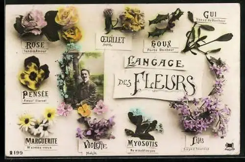 AK Langage des Fleurs, Violette Modestie, Marguerite M`aimez-vous, Rose Tendre Amour, Herr vor einem Baum