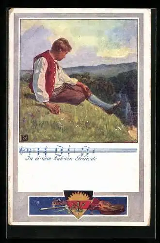 Künstler-AK Karl Friedrich Gsur, Deutscher Schulverein Nr. 374: In einem kühlen Grunde, Mann blickt ins Tal