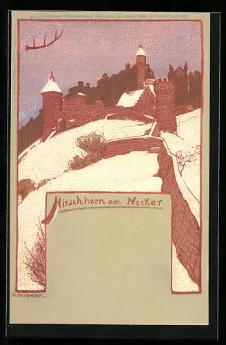 Steindruck-AK Hirschhorn am Neckar, Ortspartie im Winter