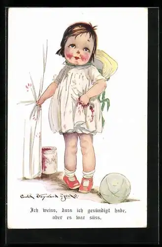 AK Mädchen hat Marmeladenflecke auf dem Kleid