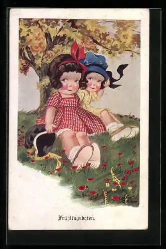 Künstler-AK Arthur Butcher: Frühlingsboten, Zwei Mädchen auf einer Blumenwiese