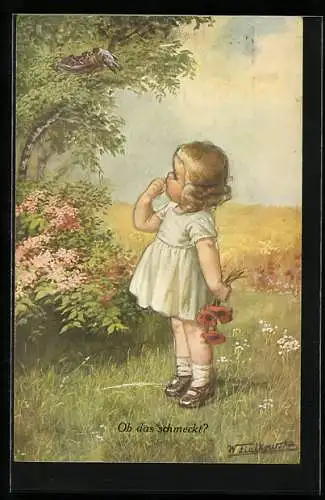 Künstler-AK Wally Fialkowska: Mädchen betrachtet das Vogelnest im Baum