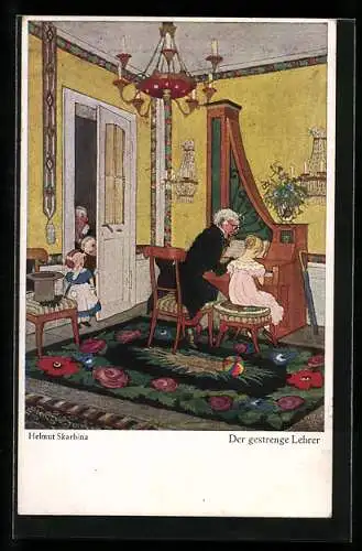 Künstler-AK Helmut Skarbina: Der gestrenge Lehrer am Klavier