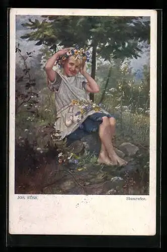 Künstler-AK Josef Süss: Kleines Mädchen mit Blumenkranz im Haar