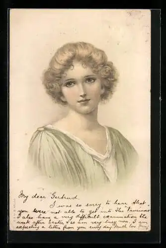 Lithographie Portrait einer jungen blonden Dame