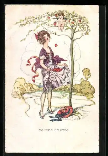 Künstler-AK sign.: Larson, Amor auf dem Baum sitzend, wirft Herzfrüchte vom Baum