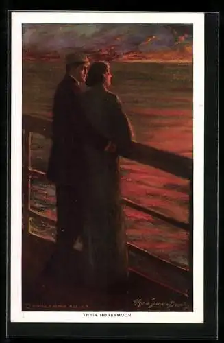 Künstler-AK Alfred James Dewey: Their Honeymoon, Paar blick auf den Sonnenuntergang von einer Schiffsreeling