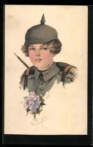 AK Portrait eines jungen Mädchens in feldgrauer Uniform mit Stahlhelm