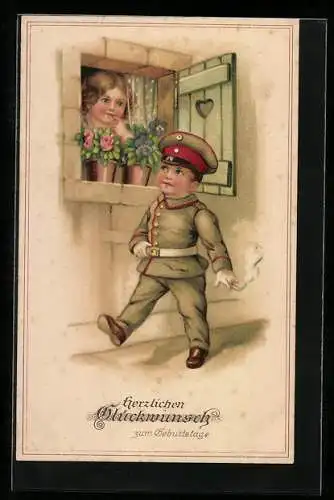 Lithographie Kinder Kriegspropaganda, Junge in Uniform mit Zigarette vor dem Fenster