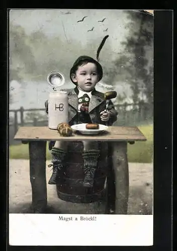 AK Junge in Tracht mit Würsten und Mass Bier, Magst a Bröckl!