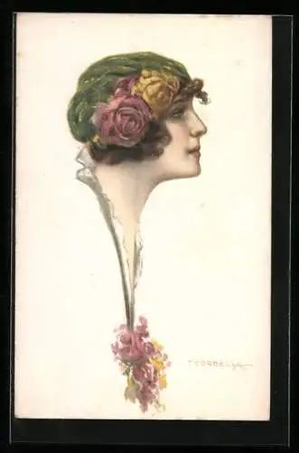 Künstler-AK Tito Corbella: Schöne junge Frau mit rosengeschmückter Haube