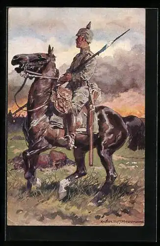 Künstler-AK Anton Hoffmann - München: Der Soldat in Uniform auf seinem Pferd vor der Frontlinie