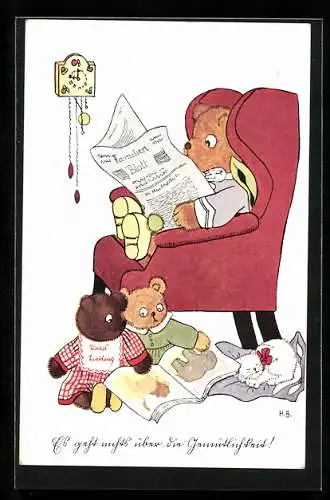 AK Teddyfamilie beim Lesen von Zeitschriften