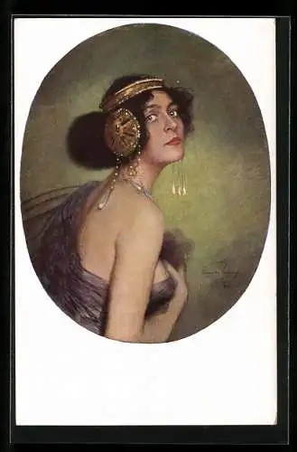 Künstler-AK sign. C. v. Pausinger: Salome mit Schmuck, Jugendstil