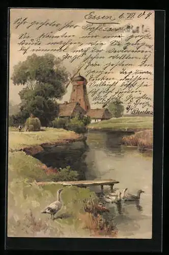 Künstler-AK Meissner & Buch (M&B) Serie 1258: Vom Lebenswege, Windmühle und Enten am Ufer