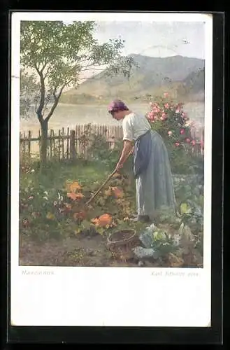 Künstler-AK Karl Maria Schuster: Frau arbeitet im Hausgärtlein