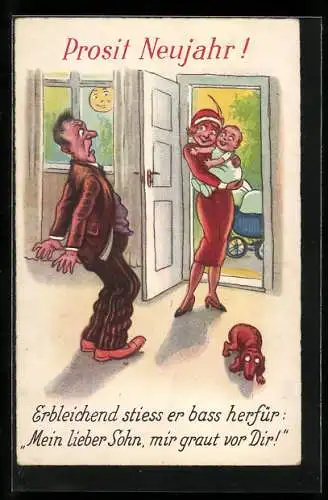 AK Vater ist erschrocken beim Anblick seines Sohnes, Hund, Neujahr, Scherz