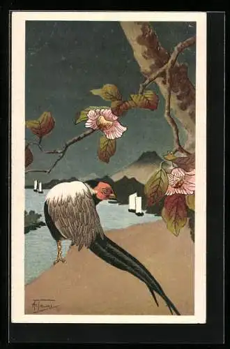 Künstler-AK Fasan vor japanischer Landschaft, Jugendstil