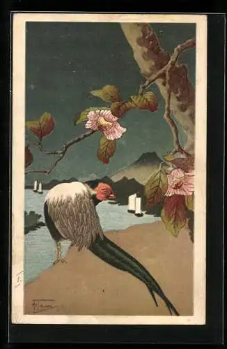 Künstler-AK Fasan vor japanischer Landschaft, Jugendstil