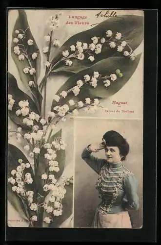 AK Langage des Fleurs, Muguet, Maiglöckchen und Mädel in Uniform