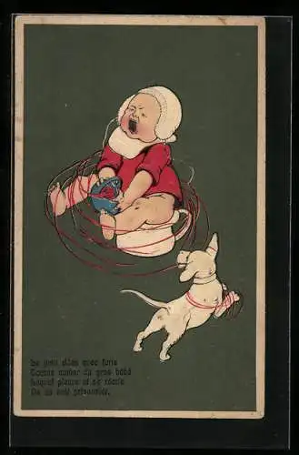 Künstler-AK Kind sitzt auf dem Töpfchen und weint, der Hund wickelt es ein, Toilettenhumor