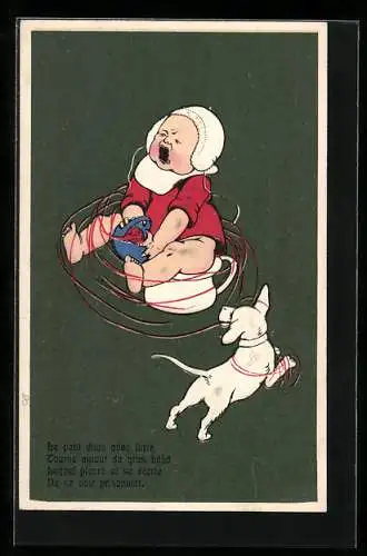 Künstler-AK Kind sitzt auf dem Töpfchen und weint, der Hund wickelt es ein, Toilettenhumor