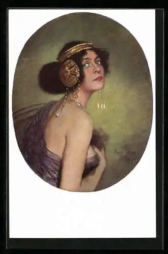 Künstler-AK sign. C. v. Pausinger: Salome mit Schmuck, Jugendstil