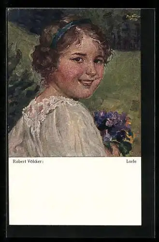 Künstler-AK sign. Robert Völcker: Das Mädchen Lorle mit Blumenstrauss