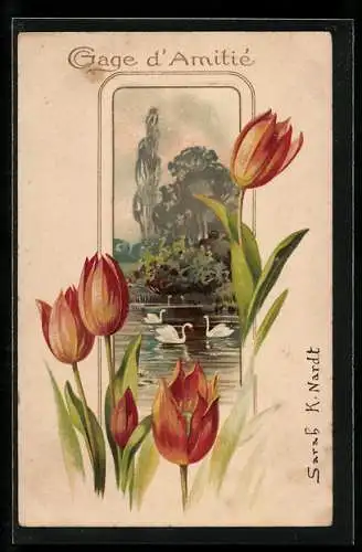 Lithographie Schwäne und Tulpen, Jugendstil