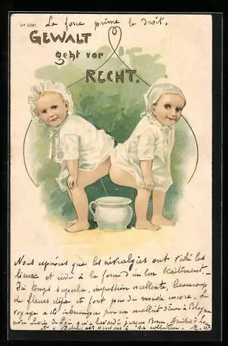 Lithographie Gewalt geht vor Recht, Zwei Kinder am Nachttopf, Toilettenhumor