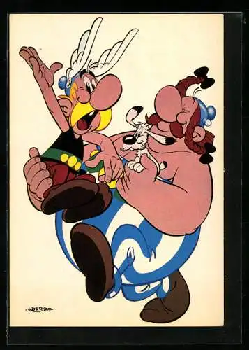 Künstler-AK Asterix, Obelix und Idefix die drei unzertrennlichen Freunde, Comic